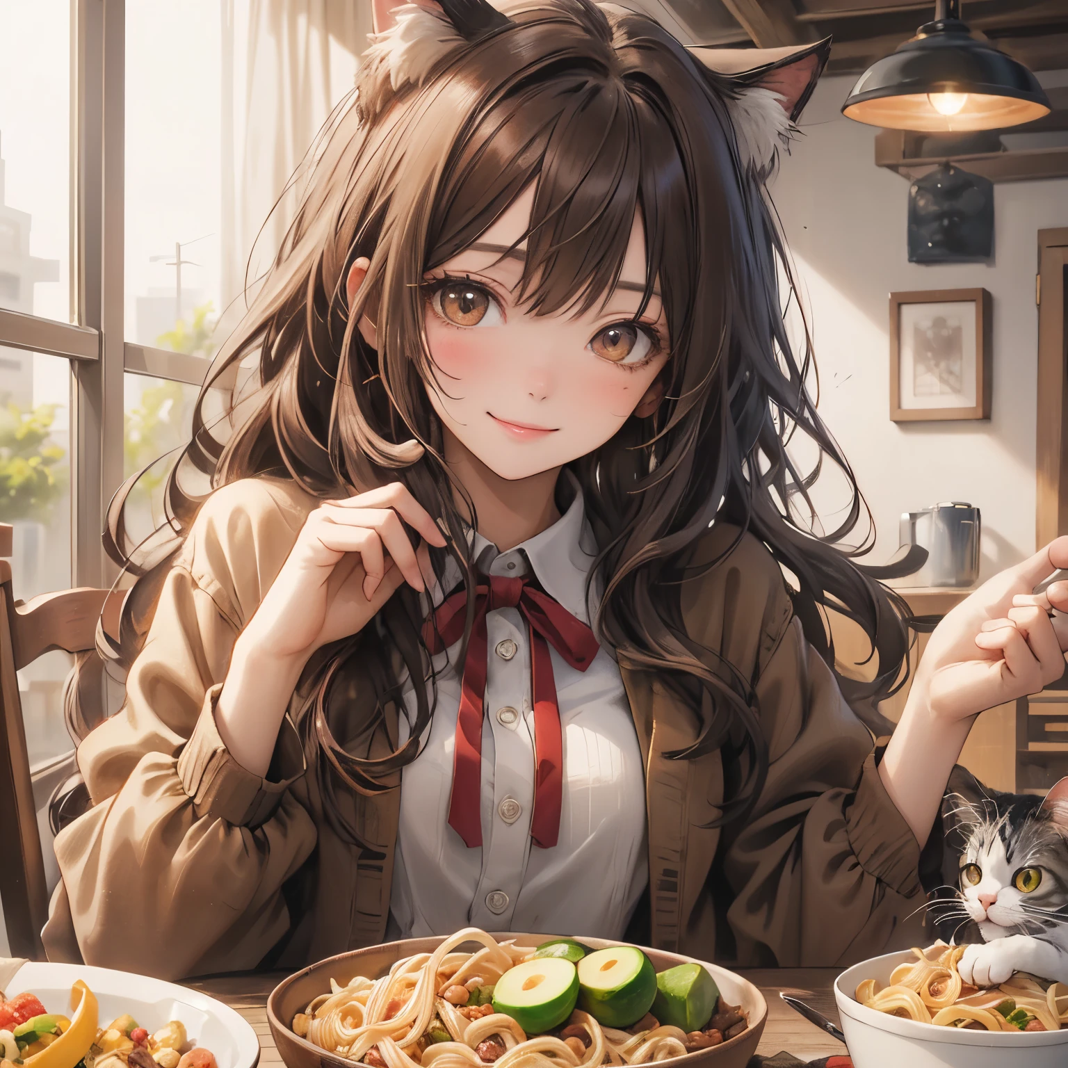 (masterpiece), Highest quality, Ultra-high resolution,Cat with brown ribbon、Brown Hair、Brown eyes、Brown clothes、Natto、Avocado、pasta、smile