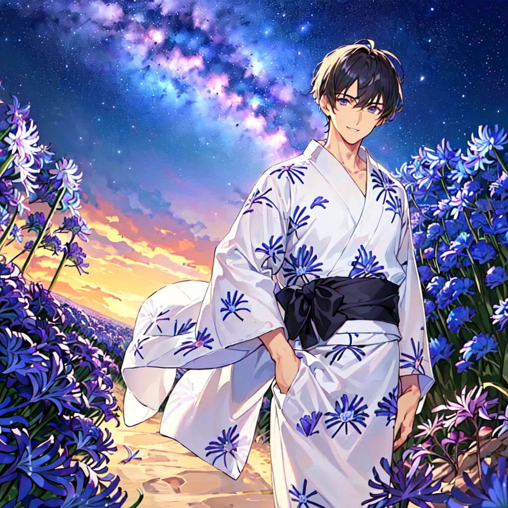 masterpiece,best quality,high quality,(1 male austere handsome solo adult age 30 years old:1.5), purple eyes, cool with suspended eyes, V-shaped eyebrows, body strong and fearless 8.5 head tall, height 185cm, (well-groomed black short hair to neck:1.4), (bangs 7 thirds parted: 1.4), slender nose, facial muscles, throat, (agapanthus flower print in summer yukata: 1.3), (stylish pose), (cool smile: 1.3), (agapanthus flower field in background: 1.3), (Milky Way Night Sky: 1.3)