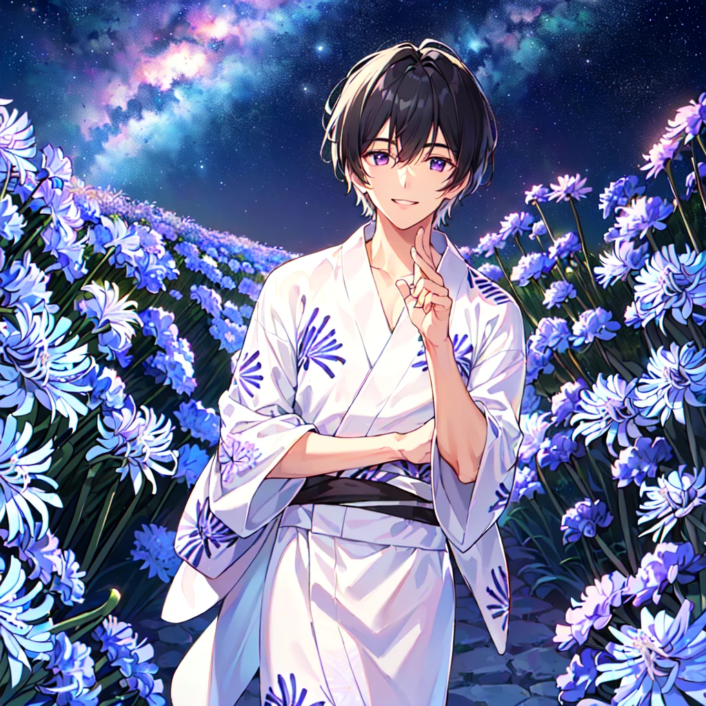 masterpiece,best quality,high quality,(1 male austere handsome solo adult age 30 years old:1.5), purple eyes, cool with suspended eyes, V-shaped eyebrows, body strong and fearless 8.5 head tall, height 185cm, (well-groomed black short hair to neck:1.4), (bangs 7 thirds parted: 1.4), slender nose, facial muscles, throat, (agapanthus flower print in summer yukata: 1.3), (stylish pose), (cool smile: 1.3), (agapanthus flower field in background: 1.3), (Milky Way Night Sky: 1.3)