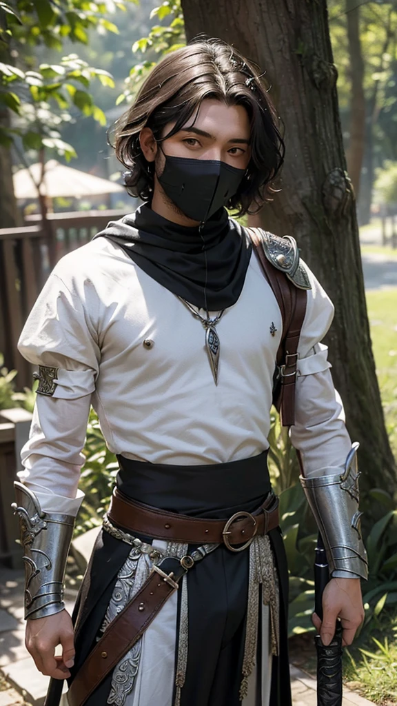 killer man, with an enchanted runic sword on his back, and is leaning against a tree with twisted black dick, He is also wearing a straw-colored cloth mask covering half of his mouth.. He is wearing a fabric outfit with very small parts of well-worn and silvery armor., he also has short hair, black and wavy, sem pelos faciais, approximately 19 years old. He is serious and has a dagger in his hand.