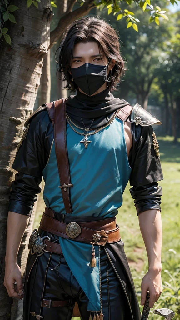 killer man, with an enchanted runic sword on his back, and is leaning against a tree with twisted black dick, He is also wearing a straw-colored cloth mask covering half of his mouth.. He is wearing a fabric outfit with very small parts of well-worn and silvery armor., he also has short hair, black and wavy, sem pelos faciais, approximately 19 years old. He is serious and has a dagger in his hand.