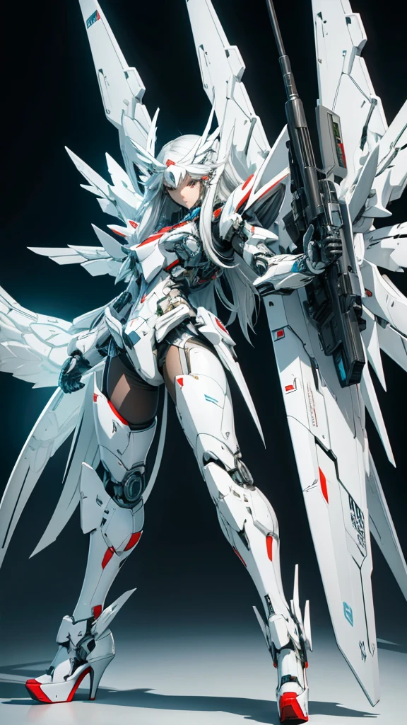 White long hair mecha girl，White armor，Cybernetic wing Mechanical wing，briefs，Thin legs，high heels，machine gun，frontal pose，Cyberpunk city