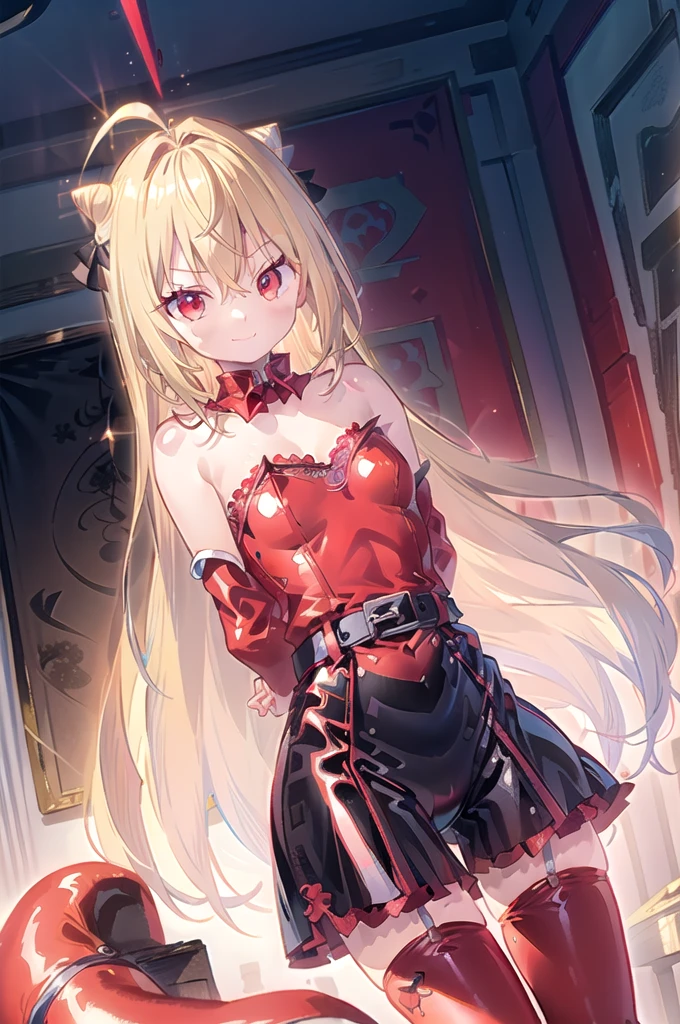 1girl,solo,cowboy shot,standing,(blonde hair:1.2),long hair,cone hair bun,hair ornament,hair intakes, ahoge, bangs,(red eyes:1.2),(beautiful fingers:1.4),(perfect anatomy:1.4),(arms_behind_back:1.6),(cold_shoulder:1.2),BREAK,(red leotard:1.4),(leather lace glossy silk lamé:1.4),(latex luster shiny glossy:1.6),(shiny_clothes:1.6),medium breasts,beautiful breasts,masterpiece,best quality,(Ultra high definition eyes:1.2),8k,(Beautiful detailed eyes:1.2),(Fine and beautiful eyes:1.2),(pretty eyes:1.2),finely detail,extremely CG, absurdres,high resolution,illustration,Detailed and beautiful outlines,finely detail,high resolution,(colorful refraction:1.4,Increase saturation:1.2),beautiful lighting,dynamic lighting,closed room,black background,simple background, smile,looking at viewer, blue bowtie, red jacket, red coat, long sleeves, belt, garter straps,(white thighhighs)