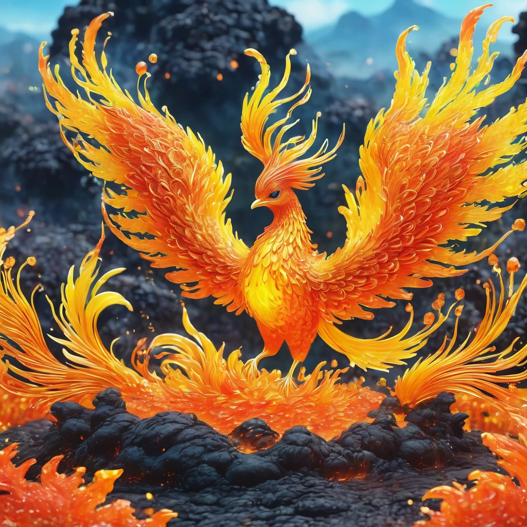 best quality, very good, 1.60,000, ridiculous, Extremely detailed, Cute Phoenix，Made of translucent boiling lava, Background grassland ((A masterpiece full of fantasy elements))), ((Best quality)), ((Intricate details)) (8K), ((best quality)), ((Intricate details)) (8K)