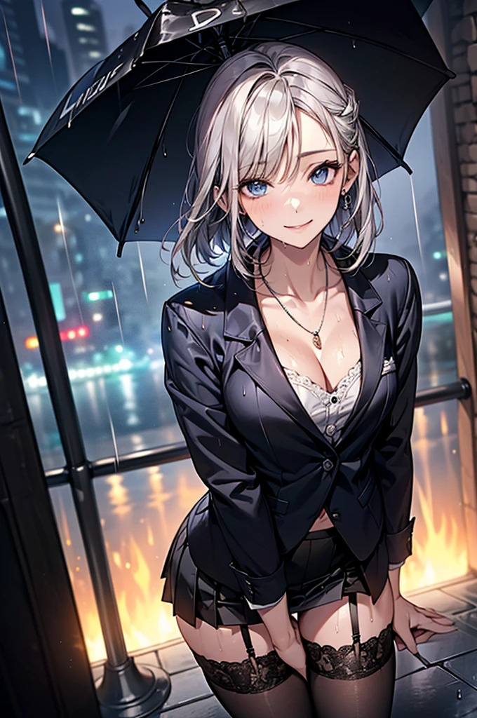 ((Biologically correct limb count))、(( Full-body photo including face))、4K、((Standing position))、masterpiece、((Focus on the face))、((Symmetrical facial features))、Eye for detailed depiction、Beautiful blue-haired woman、Excellent style、Beautiful clavicle、Beautiful feet、Beautiful Hands、Slender body、(blazer、skirt、Black Stockings、garter belt、High heels)、Facial detailing、Small earrings、necklace、tie、((Wet in the city with heavy rain))、Looking at the night view、(Low - Angle、下からskirtの中を撮影するカメラアングル)、(((Black Hair、Silver Hair)))、((A big smile)))、((Face forward and stick your chin out))、Close-up photo of the upper body、