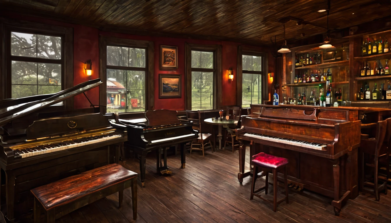 a rustic piano bar with a rainy day view through the window, a grand piano in the corner, rustic chairs and tables, a bar with bottles and other characteristic accessories, masterpiece, realistic, photorealistic, HDR, studio lighting, ultra-detailed, extremely detailed, vibrant colors, dramatic lighting, moody atmosphere, warm lighting, wood textures, glass elements, atmospheric perspective, depth of field, cinematic composition