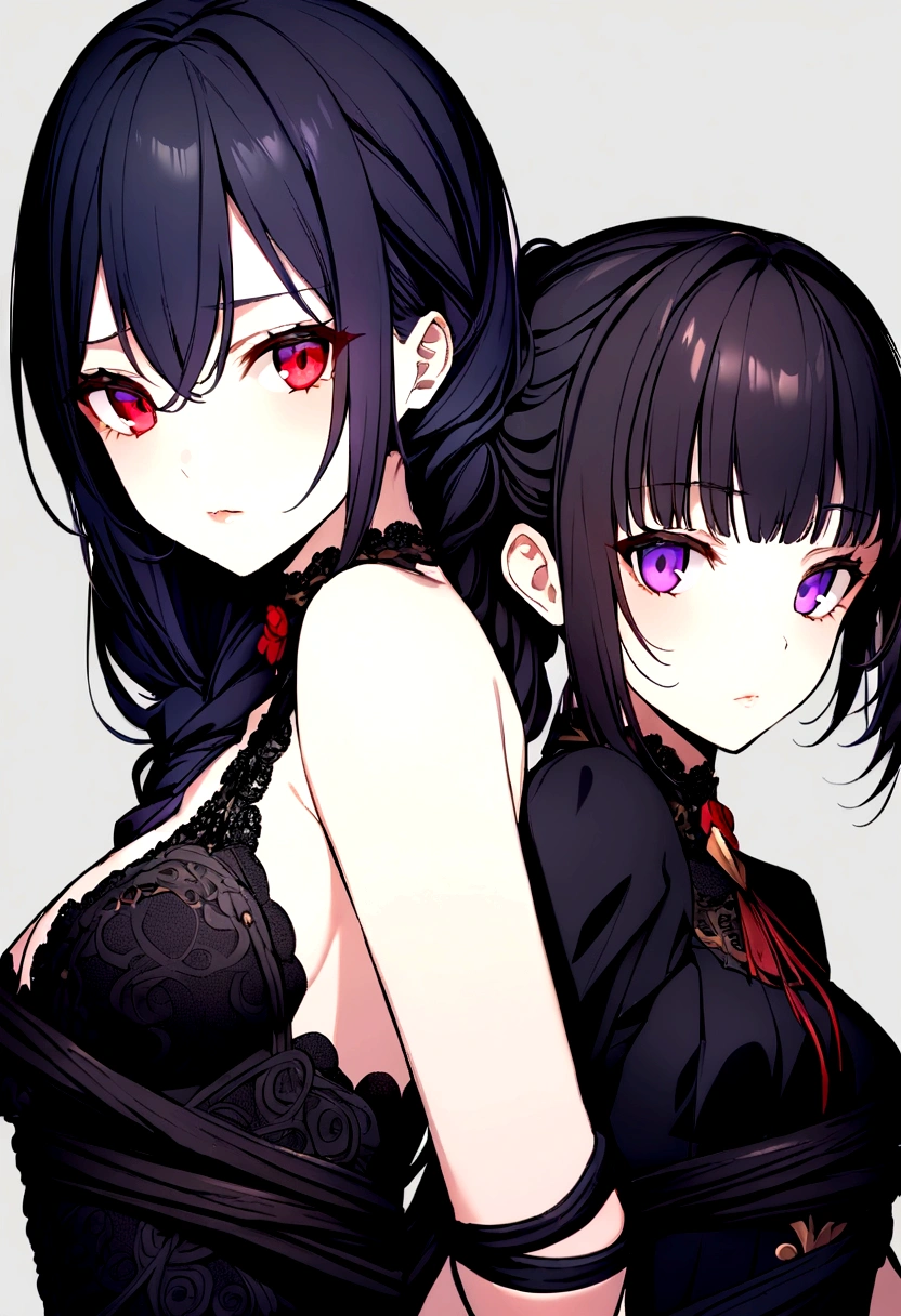 quality,Detailed work,2 girls,red eyes,purple eyes,long black hair,black hair tied up,