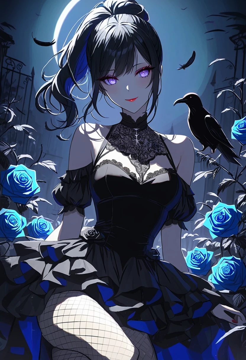(Dark atmosphere,Gothic Fashion,Bright colors),(Highest quality,Super exquisite item,),Sexy Goth Vampire Girl,In the rose garden at night,Beautiful and delicate eyes,Black straight ponytail with blue tip,Crow's feathers,Red lipstick,Mysterious Smile,Pale complexion,Fishnet tights,Black lace dress,Pointed toes give off a sexy aura,The moonlight illuminates her elegant silhouette,Soft shadows and soft highlights,Contrasting colors create a lively atmosphere,A dark and muted color palette,Subtle yet dramatic lighting effects,A combination of solemn darkness and beautiful moonlight, She is tall and mature