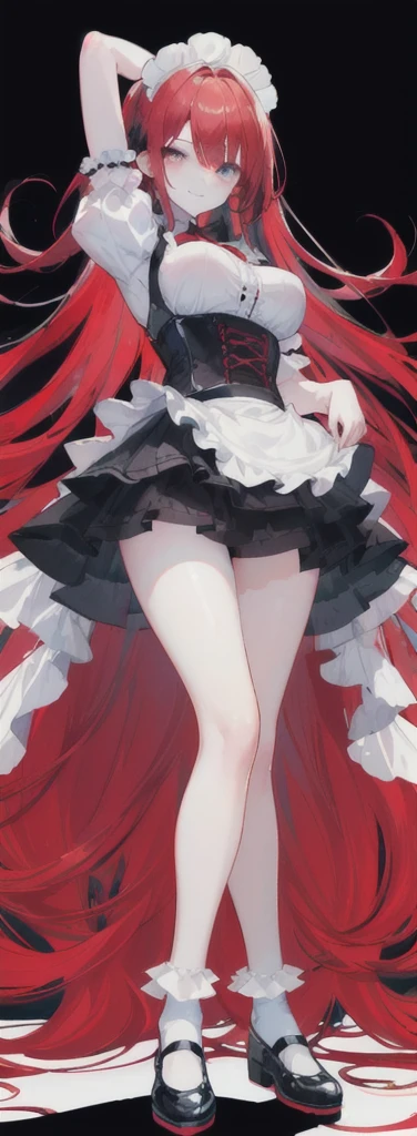 (long beautiful red hair) cyan eyes, (Eyes behind long bangs) big breasts, using accessories (using socks) perfect shiny beautiful reds shoes (Wearing luxurious palace maid clothes Perfect perfect noble) Pose facing sideways (Girl1, straight hair not too long, bangs covering one eye, soft face, gentle smile) ((Standing position with long legs, bare thighs, image position visible from bottom of feet to top of head) long red hair, beautiful cyan eyes (Free pose, right hand down, left hand down, ((Free pose))smile kawai, (black white background) Wearing a reds corset, (Using a beautiful bright blue ribbon) Kawai shy cute eyes (reds colored shoes must be shiny, Must wear short white socks) ((short skirt)) short sleeves (image according to tag)