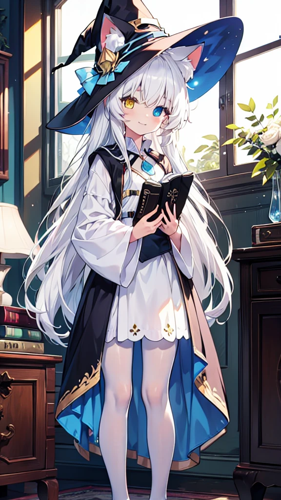 White hair，Cat ear（In the hat），Long hair，Heterochromia(Left blue right yellow)，Smile，Female face，There are bright spots in the eyes，Female hands，White little hands，Normal fingers，flat chest，Witch costume，White pantyhose，In the room，Holding a magic book
