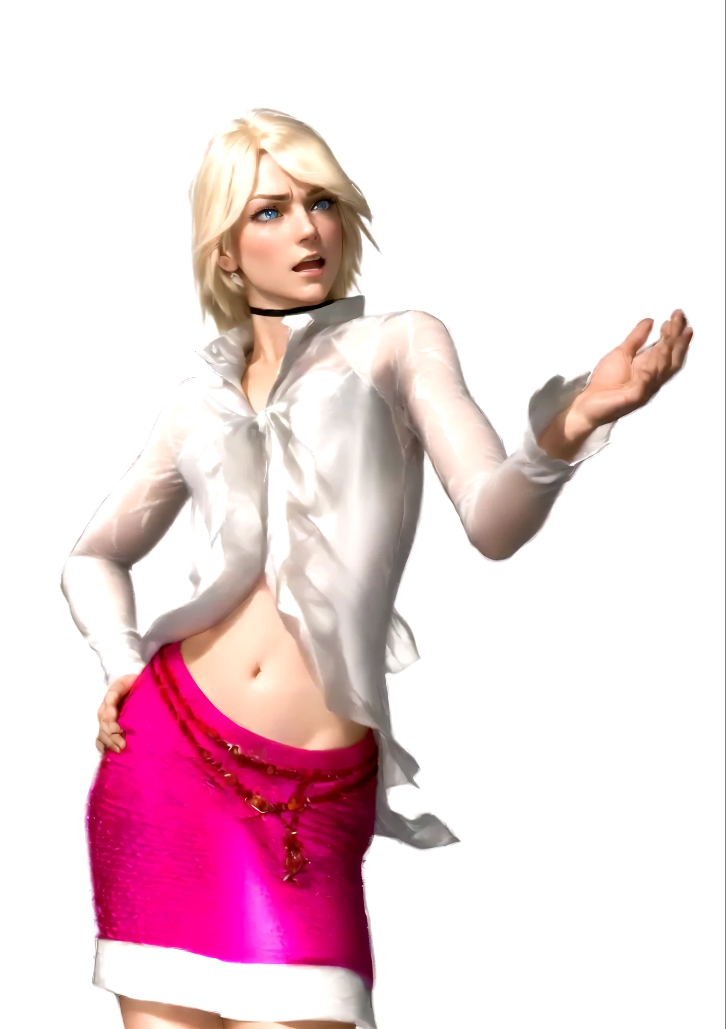 she's European, pale blonde hair, blue eyes, swedish, as a character in Out Run 2, of SEGA, 3D CG from the 2000s, Jennifer, 2k, 2 k, ((serious disappointed face)), expression as to say "what happened?", realistic, render of april, fighting game character, nina from tekken, cold and a bit sexy, v from devil may cry, (a stern look),(overjoyed, both hands raised to the sky)