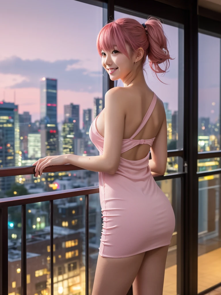 (8k, RAW photo, best quality, masterpiece:1.2), (realistic, photo-realistic:1.4), (extremely detailed 8k wallpaper), Japanese 20 age woman, She’s wearing comfortable wedges and stylish accessories, her hair in a casual updo. The image captures her full body against the backdrop of a stunning cityscape at dusk, emphasizing her laid-back style and the romantic evening atmosphere,(sexy costume),One-shoulder dress,A smile that invites others,Twintails pink hair ,Her clothes are peeling off and her breasts are showing a little.she is playing with the cat
