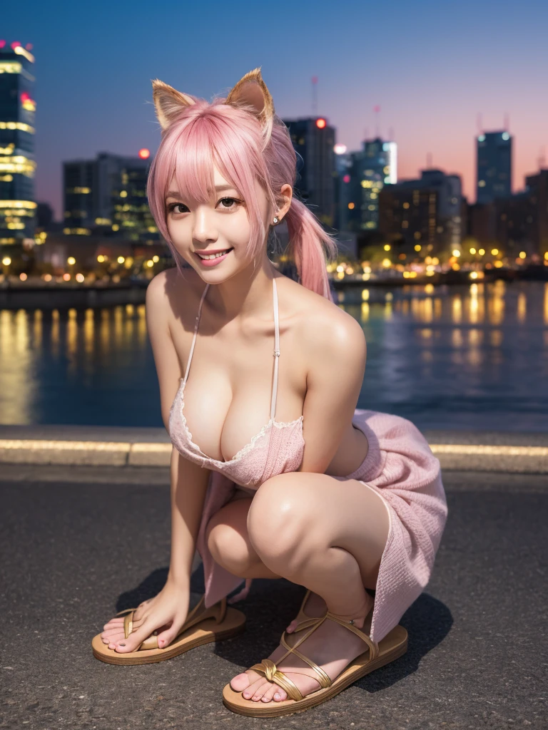 (8k, RAW photo, best quality, masterpiece:1.2), (realistic, photo-realistic:1.4), (extremely detailed 8k wallpaper), Japanese 20 age woman, She’s wearing comfortable wedges and stylish accessories, her hair in a casual updo. The image captures her full body against the backdrop of a stunning cityscape at dusk, emphasizing her laid-back style and the romantic evening atmosphere,(sexy costume),One-shoulder dress,A smile that invites others,Twintails pink hair ,Her clothes are peeling off and her breasts are showing a little.she is playing with the cat
