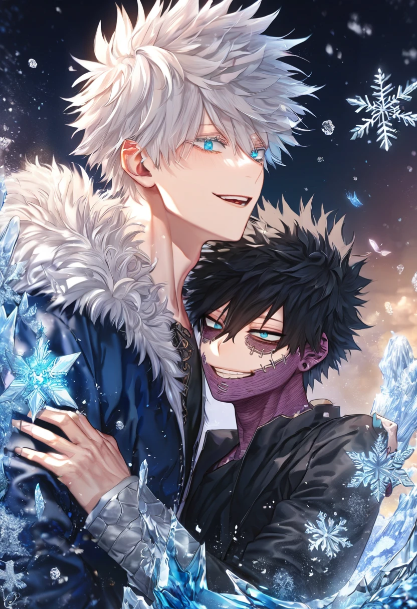 absurdres, highres, ultra detailed, HDR, master piece, best quality, extremely detailed face, delicated features, Dabi, black hair, expressive turquoise eyes, Boku No Hero Academia, Gojou Satoru with black hair, expressive blue eyes, two sexy men, gay couple, yaoi, handsome, smile, blue jacket with fur, black jacket with fur, fantasy, magical, ice, ice butterflies, snowflakes, starry night, envy magical