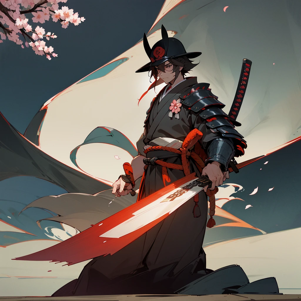 "A highly detailed samurai warrior, dressed in full traditional armor, including an imposing kabuto helmet that conceals their face in shadow. The samurai stands tall and resolute, one hand gripping the hilt of their razor-sharp katana, the other hand holding a set of mahjong tiles. The background depicts a misty, mountainous Japanese landscape, with pagodas and cherry blossom trees in the distance."