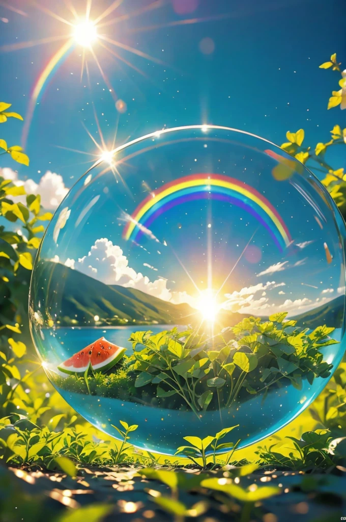 (Highest quality), (8K), (Highest quality), (live-action), (Realistic photos), summer、summerを感じる物、summerを感じる風景, watermelon、blue sky, Rainbow and sunshine shining.16K, Ultra-high resolution, Shining in rainbow colors、to be born,wonderful ,future、Iridescent、The world 30 years from now。