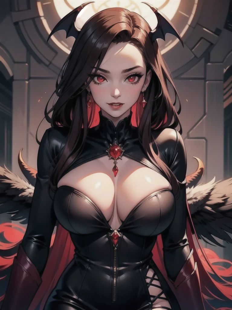 1girl, beautiful, vampire goddess, brunette very long hair, red eyes, wearing a sexy red and black dress, ultrasharp, looking at the viewer, ((best quality)), ((masterpiece)), (detailed), perfect face, big breast, sexy pose, sexy body,
