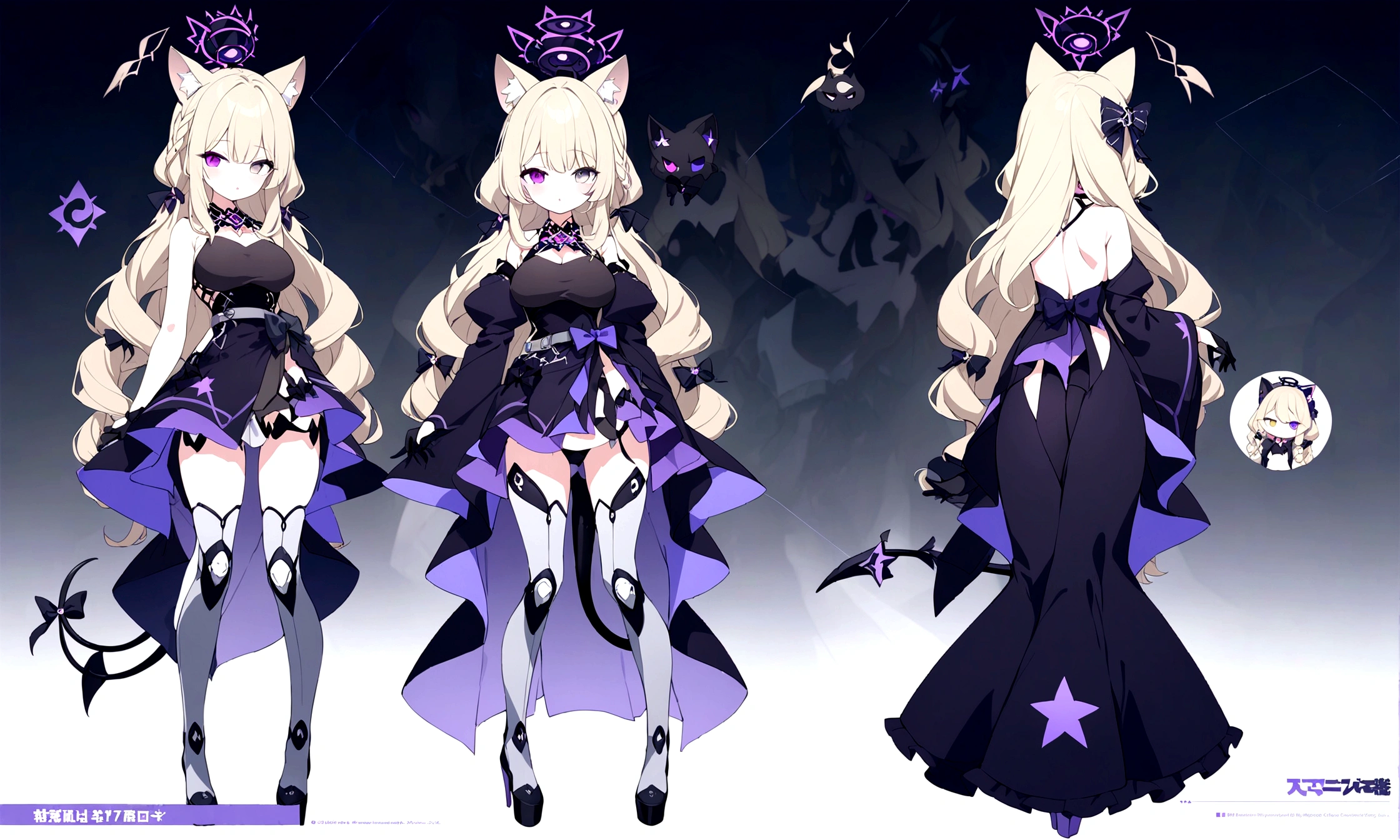 woman 170 cm tall. (character design sheet: front view, back view). Dark blonde long hair, slim build. wavy hair with hip length curls, has a short central tuft, She has two short braids on the left and right side of her head with two small ribbons on each braid.. It has two black serval ears with a gray and purple interior located on the top of its head.... small face. (heterochromia: one gray eye and one purple eye), has small ribbons on the right and left side of the hair. extremely detailed face, Beautiful detailed eyes, beautiful detailed lips. adorable, extremely detailed legs, (Best Quality, 4k, 8k, high resolution), ultra detailed, Exquisite and epic character art... Black platform heels, Elegant one-piece long dress with ruffle skirt and wide sleeves. Drawings of golden gears on the dress., star and ribbon decorations on the dress. black gloves with gold lines. gray belt at the waist with a large ribbon and a bright pink heart in the middle. black necklace with heart emblem on the neck. It has a succubus tail with a small luminous violet star at the tip accompanied by a small ribbon..... (wide hip). Luminous black halo with purple star patterns above his head..... (medium chest size). Thigh High Mechanical Legs in Black and Purple.