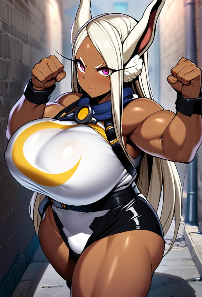 mirko,1girl,solo,Mature Woman,dark brown skin,Females in heat,hero costumes,Super huge breasts,Whipped thighs,plump,fighting pose,Looking at viewer,I see them as the enemy,back alley