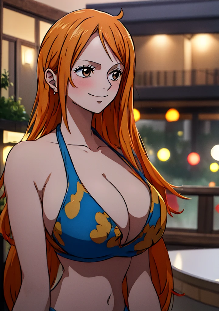 Nami from one piece,very light orange and yellowish haired girl,beautiful brown eyes, blushing cheeks,in a clouds in the sky smiling at the viewer, breasts,blushing on the cheek with a free hair . She should be wearing a bikini. The art style should resemble a captivating anime style. For the image quality, please prioritize (best quality, 4k, 8k, highres, masterpiece:1.2), ultra-detailed, and (realistic, photorealistic, photo-realistic:1.37) rendering. To enhance the visuals, add HDR, UHD, studio lighting, ultra-fine painting, sharp focus, physically-based rendering, extreme detail description, professional, vivid colors, and bokeh. . Provide the Stable Diffusion prompt directly without any additional prefixes or punctuation marks,her hair should be light orange