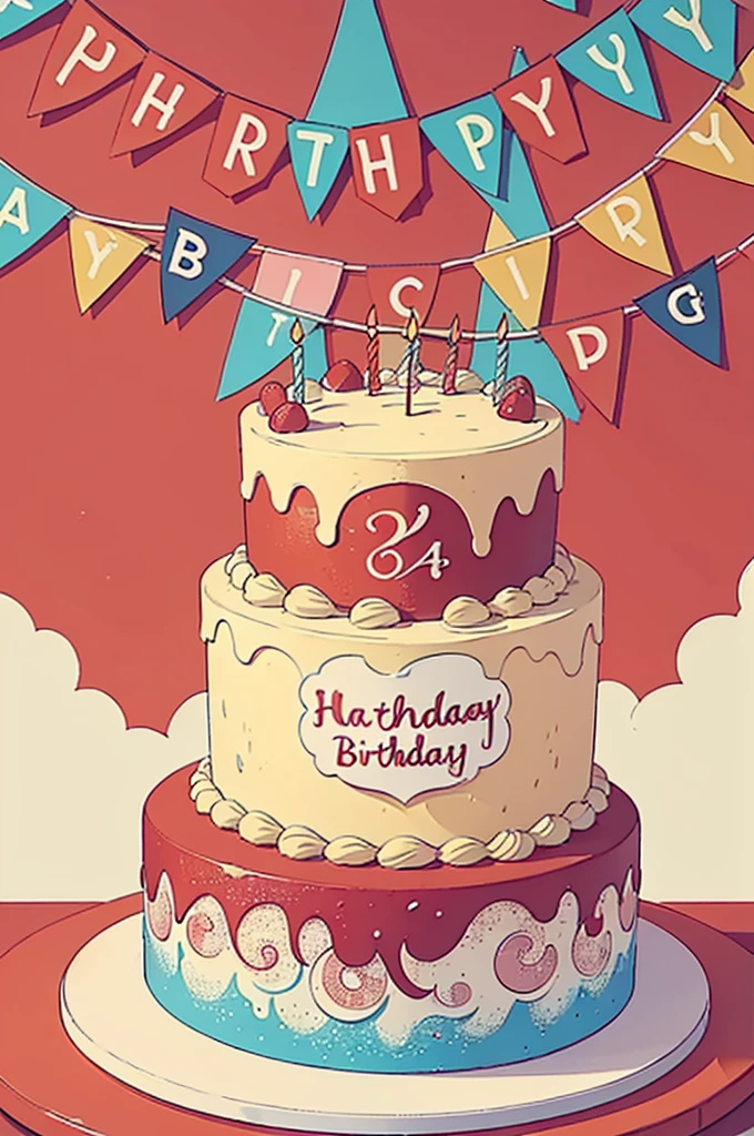 HAPPY Birthday,4K,high resolution,red, colorful,Cake illustration,((No people)),背景はcolorfulpastel colourの風船,pastel colour,Front image