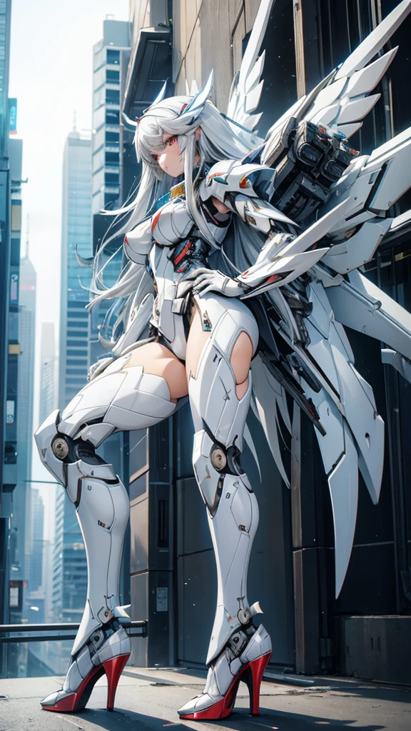 White long hair mecha girl，White armor，Cybernetic wing Mechanical wing，briefs，Thin legs，high heels，machine gun，frontal pose，Cyberpunk city