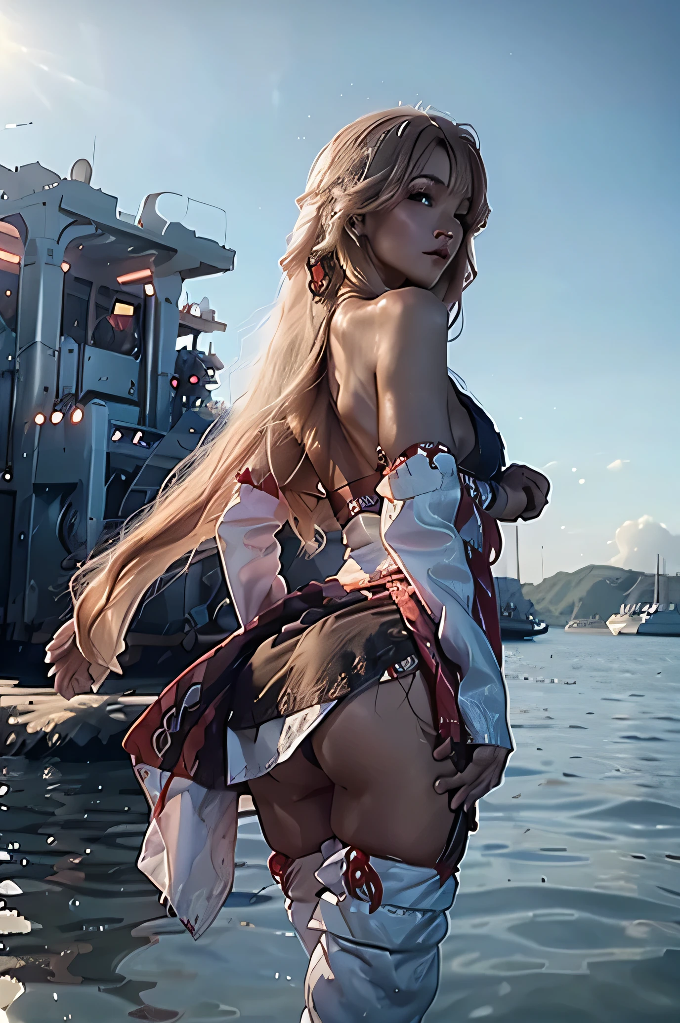 ((1girl)), solo, Ferry, ((long hair)), FerryBase, ((thighhighs)), bare shoulders, ((jewelry)), ((sleeveless)), white dress, blue skirt, ((gloves)), thigh-high, BIKINI, BEACH, SUMMER, BLUE SKY, SEXY, FULLBODY, GOOD HAND, (master anatomy) sexy pose hand on lip, master finger, beauty full face, white skin, from behind, cinematic lighting, ((best quality)), ((masterpiece)), masterpiece, high details, high quality, best quality