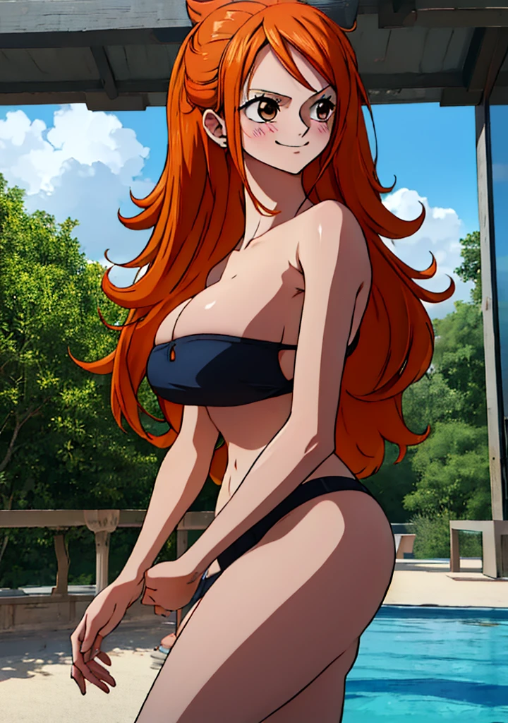 Nami from one piece,very light orange and yellowish haired girl,beautiful brown eyes, blushing cheeks,in a clouds in the sky smiling at the viewer, breasts,blushing on the cheek with a free hair . She should be wearing a bikini. The art style should resemble a captivating anime style. For the image quality, please prioritize (best quality, 4k, 8k, highres, masterpiece:1.2), ultra-detailed, and (realistic, photorealistic, photo-realistic:1.37) rendering. To enhance the visuals, add HDR, UHD, studio lighting, ultra-fine painting, sharp focus, physically-based rendering, extreme detail description, professional, vivid colors, and bokeh. . Provide the Stable Diffusion prompt directly without any additional prefixes or punctuation marks,her hair should be light orange