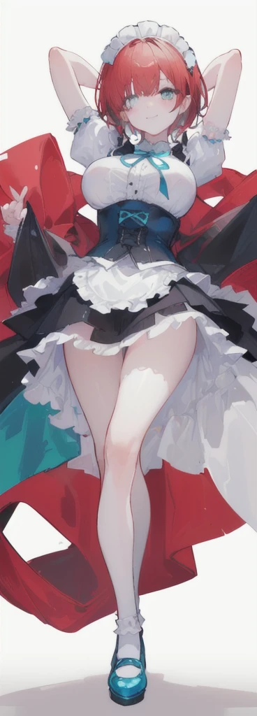 (short Reds hair) cyan eyes, (Eyes behind long bangs) big breasts, using accessories (using socks) perfect shiny beautiful cyan shoes (Wearing luxurious palace maid clothes Perfect perfect noble)  Pose facing sideways (Girl1, Reds straight hair not too long, bangs covering one eye, soft face, gentle smile) ((Standing position with long legs, bare thighs, image position visible from bottom of feet to top of head) SHORT red hair, beautiful cyan eyes (Free pose, right hand down, left hand down, ((Free pose))smile kawai, (blank white background) Wearing a blue corset, (Using a beautiful bright blue ribbon) Kawai shy cute eyes (cyan colored shoes must be shiny, Must wear short white socks) ((short skirt)) short sleeves (image according to tag) 