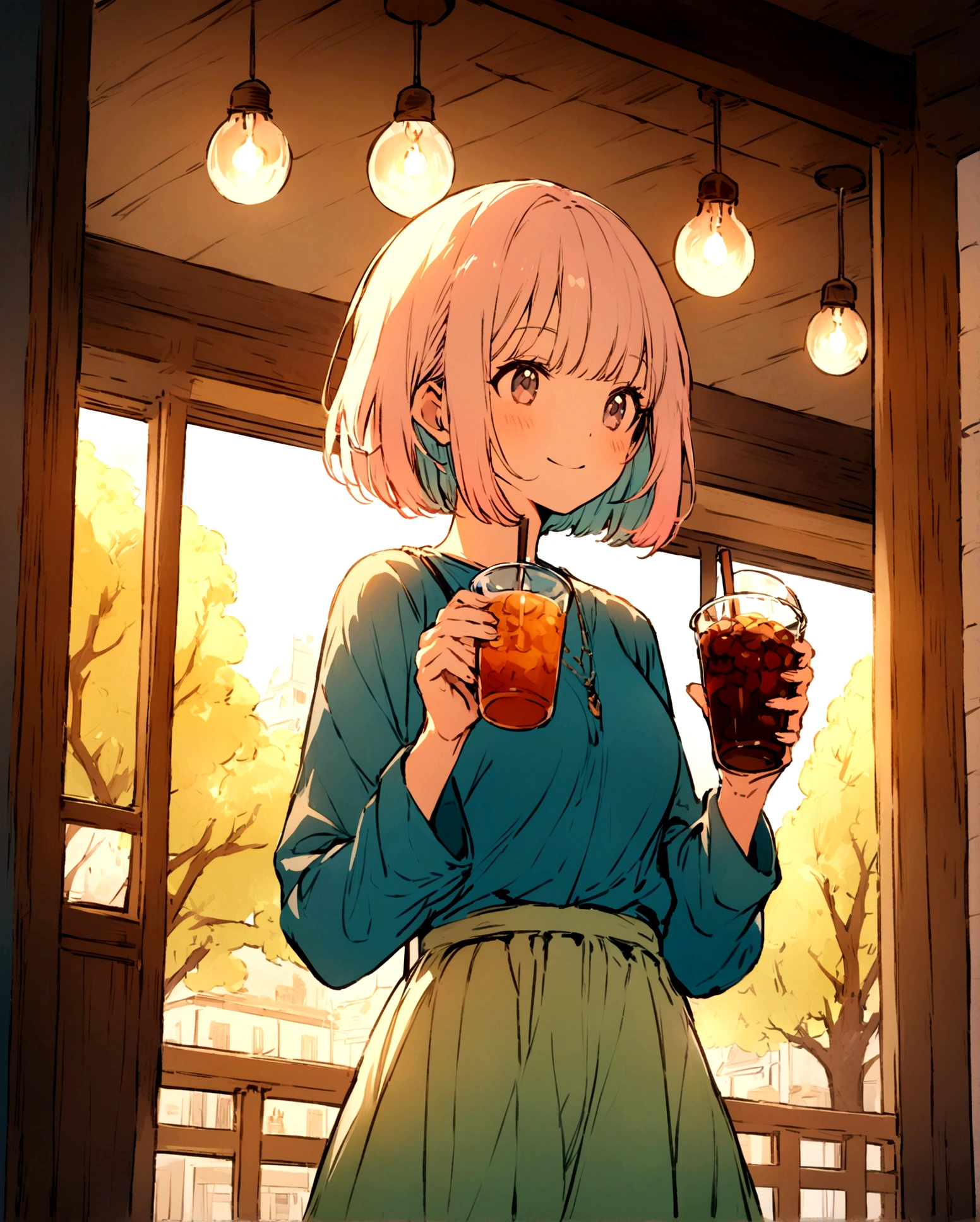 "A detailed digital illustration of a young woman with a bob haircut and a warm smile, standing inside a cozy cafe. She is holding a drink in one hand, wearing a casual outfit that includes a loose, long-sleeved blue shirt and a short, light-colored skirt. The cafe has large windows, allowing natural light to pour in, and there are warm light bulbs hanging from the ceiling. The background includes soft, pastel colors and gentle outlines of trees and buildings outside the window, creating a peaceful and inviting atmosphere."