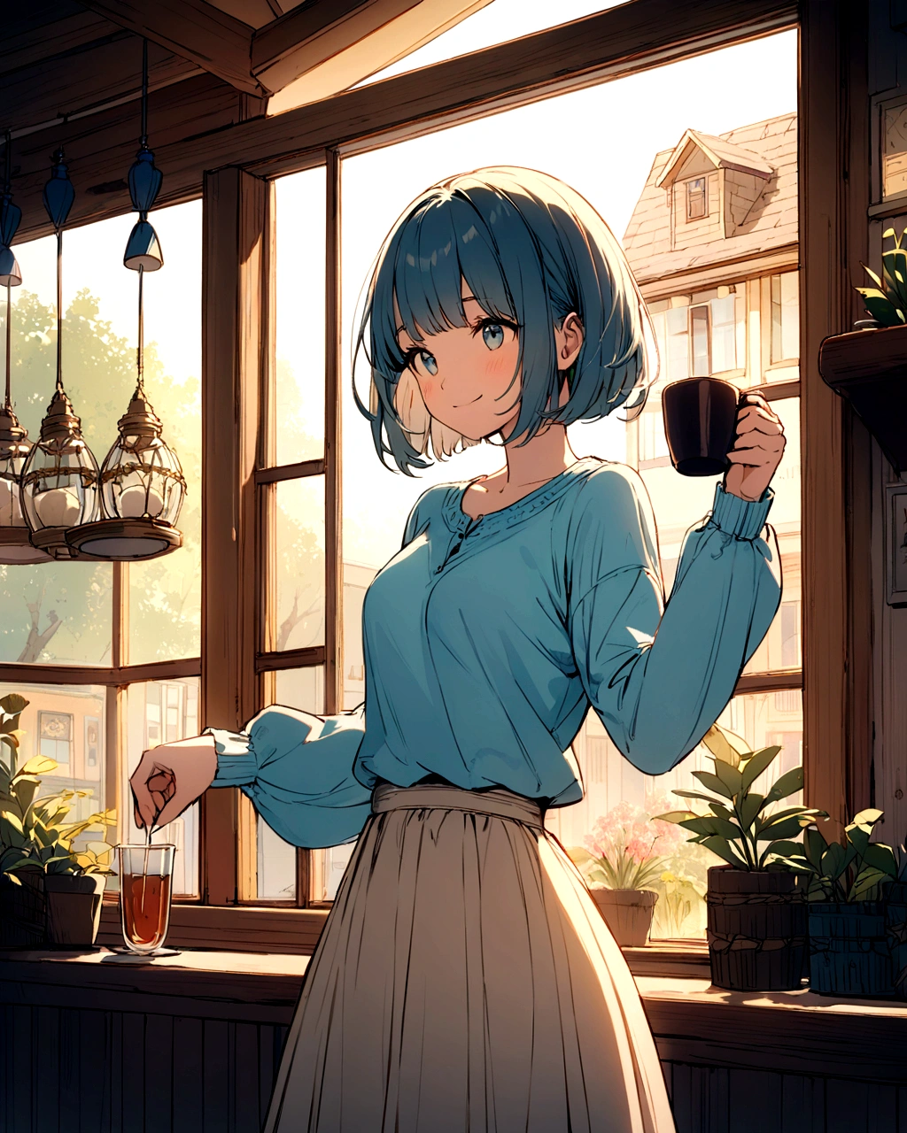 "A detailed digital illustration of a young woman with a bob haircut and a warm smile, standing inside a cozy cafe. She is holding a drink in one hand, wearing a casual outfit that includes a loose, long-sleeved blue shirt and a short, light-colored skirt. The cafe has large windows, allowing natural light to pour in, and there are warm light bulbs hanging from the ceiling. The background includes soft, pastel colors and gentle outlines of trees and buildings outside the window, creating a peaceful and inviting atmosphere."