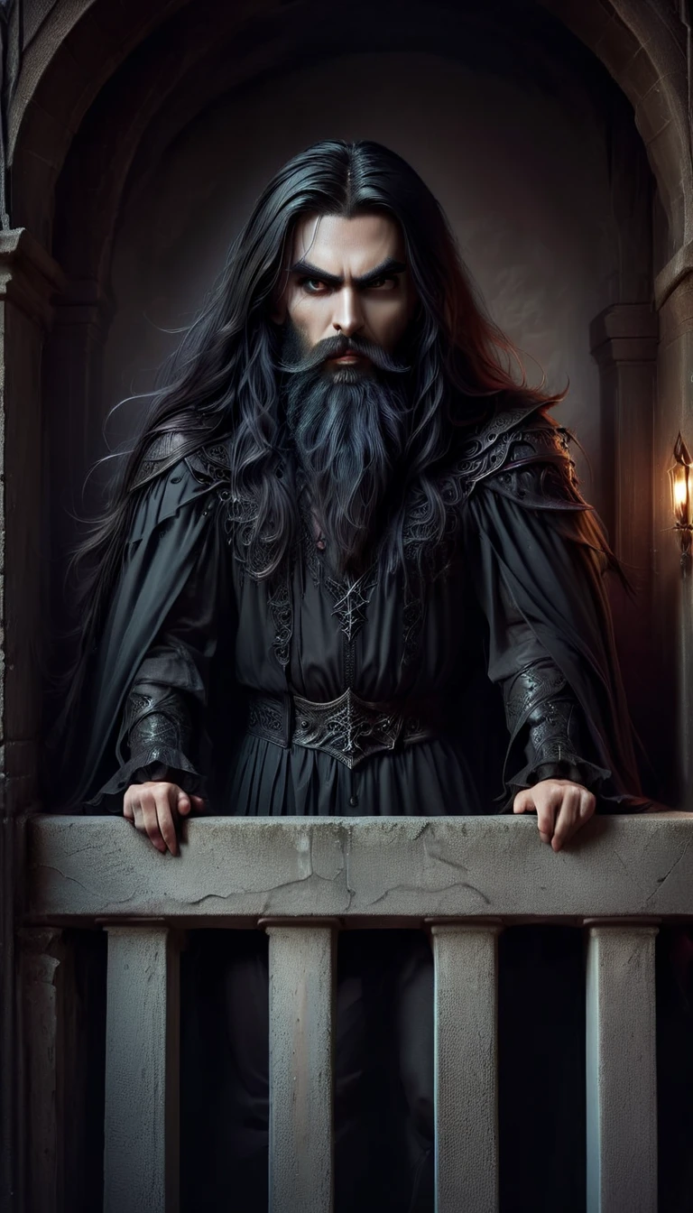 arafed man with long hair and beard standing on a balcony, chtulhu, with his long black hair, profile shot, sinister photo, photo from a promo shoot, witchcore, demonic atmosphere, grimdark vibes, album photo, promo shoot, sinister pose, with long dark hair, grim atmosphere, promo shot, eerie person, gothcore, sinister looking