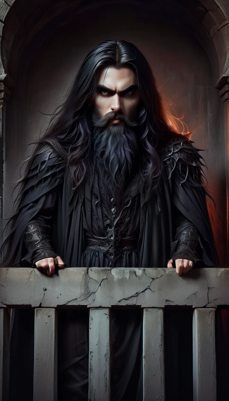 arafed man with long hair and beard standing on a balcony, chtulhu, with his long black hair, profile shot, sinister photo, photo from a promo shoot, witchcore, demonic atmosphere, grimdark vibes, album photo, promo shoot, sinister pose, with long dark hair, grim atmosphere, promo shot, eerie person, gothcore, sinister looking