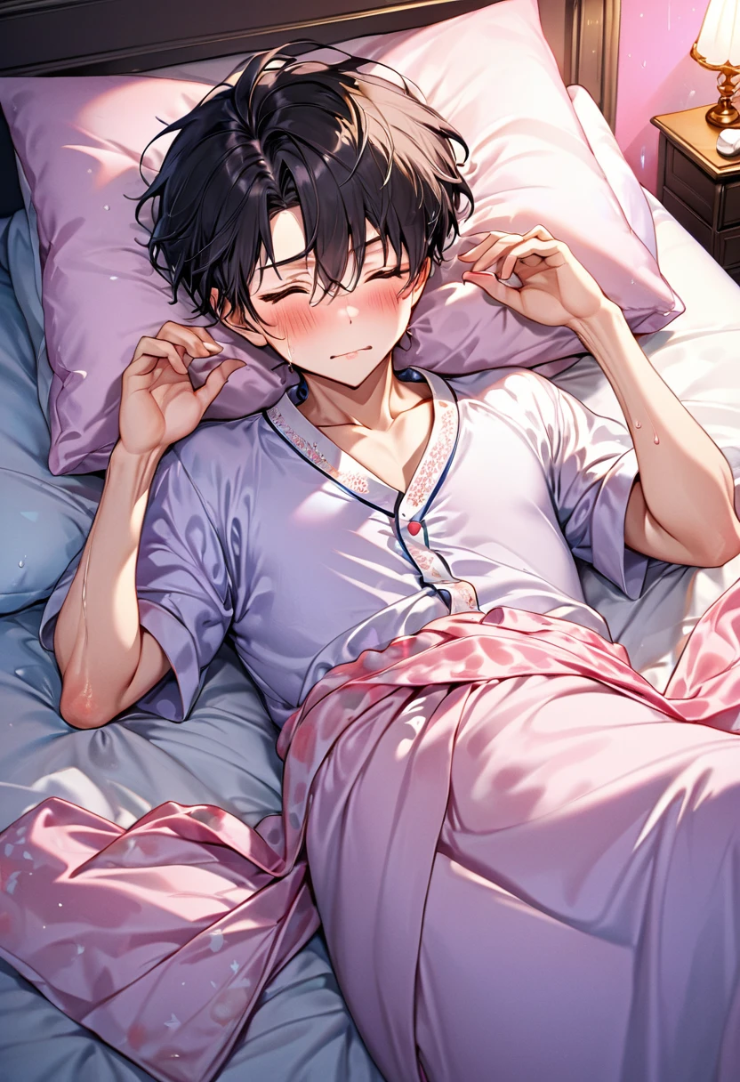 Young and naive man,(Highest quality,Extremely detailed depiction,Incredibly absurd high resolution,Anatomically accurate depiction,Two lovely hands, Five perfect fingers),(Prince in noble nightwear),blush,Lying in bed,Suffering from high fever,Looks painful,whole body,Sleep sweat,background:Bedroom at night,Pink Light
