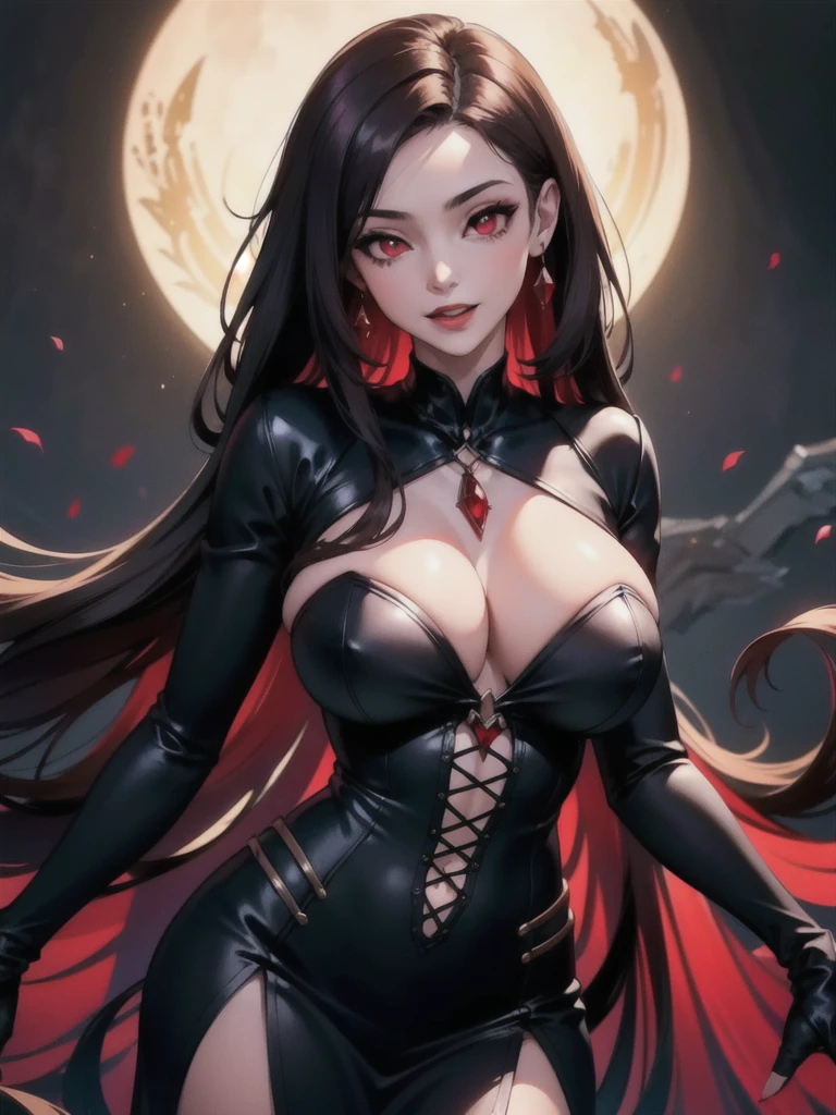 1girl, beautiful, vampire goddess, brunette very long hair, red eyes, wearing a  red and black dress, ultrasharp, looking at the viewer, ((best quality)), ((masterpiece)), (detailed), perfect face, big ,  pose,  body,
