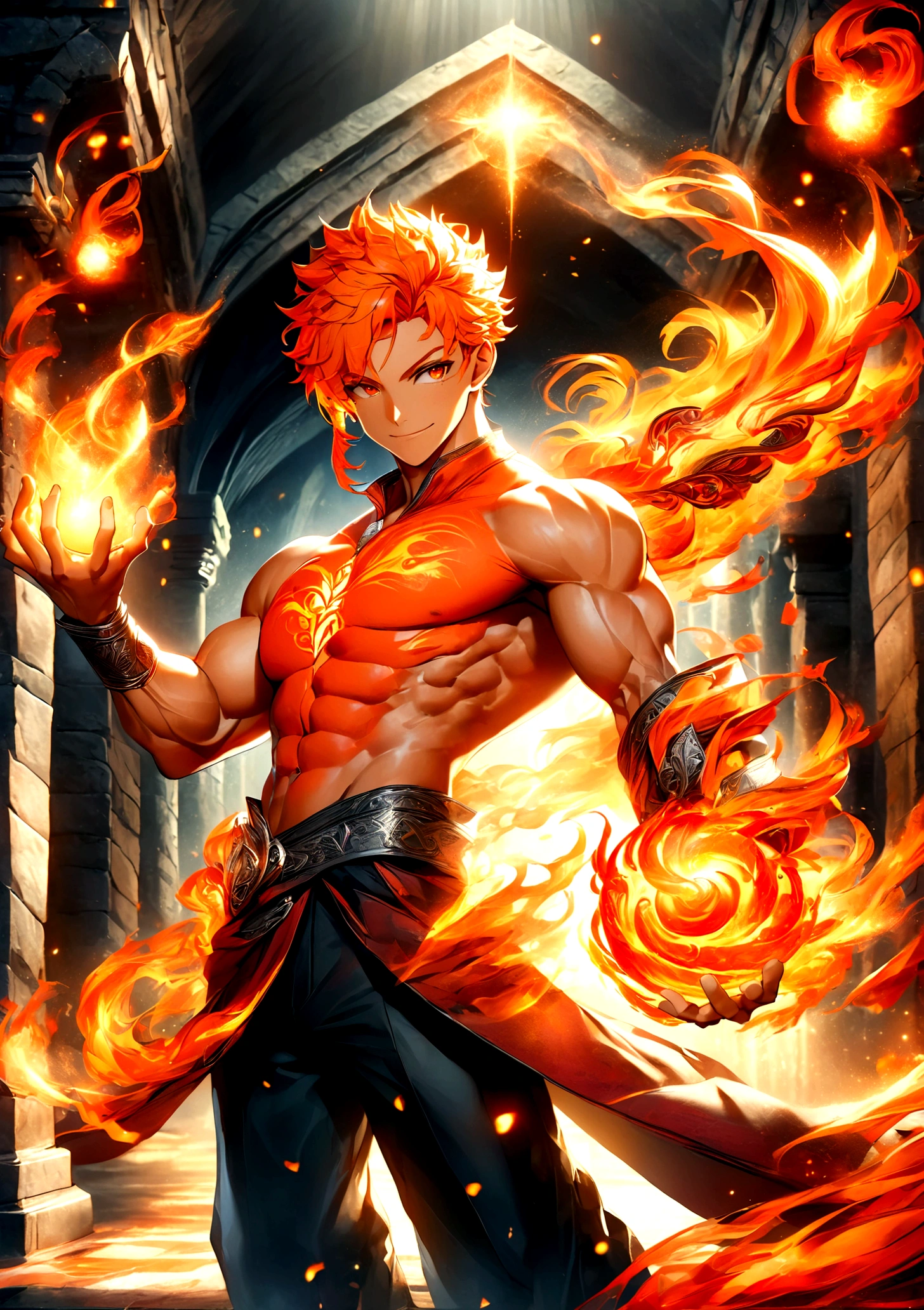 masterpiece, Top quality, 16k uhd, Stand, 1 male fire genasi with orange skin, Fire Wizard, no top, Free upper body, Six-pack muscles, muscular physique, elegant black trousers, fiery burning flame hair, Fire Mage, a swirling fireball hovers above his left hand, Magical setting, Confident Pose, devilish smile. highly detailed facial and skin texture, detailled eyes, square eyebrows, Amber eyes with sparks, Fine facial features, chiseled jawline, Shiny orange skin with smoky undertones