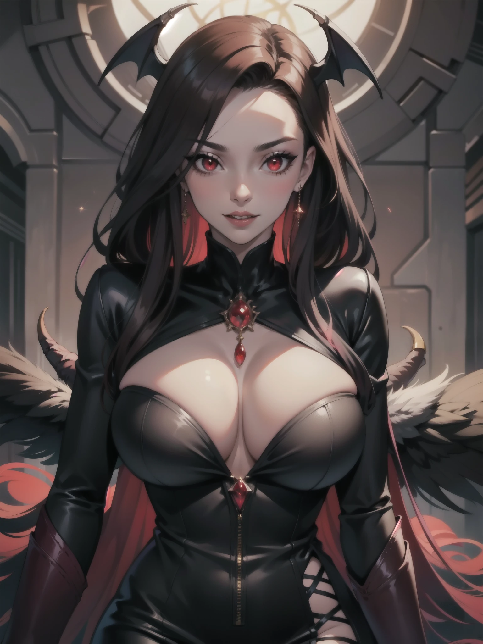 1girl, beautiful, vampire goddess, brunette very long hair, red eyes, wearing a sexy red and black dress, ultrasharp, looking at the viewer, ((best quality)), ((masterpiece)), (detailed), perfect face, big breast, sexy pose, sexy body,