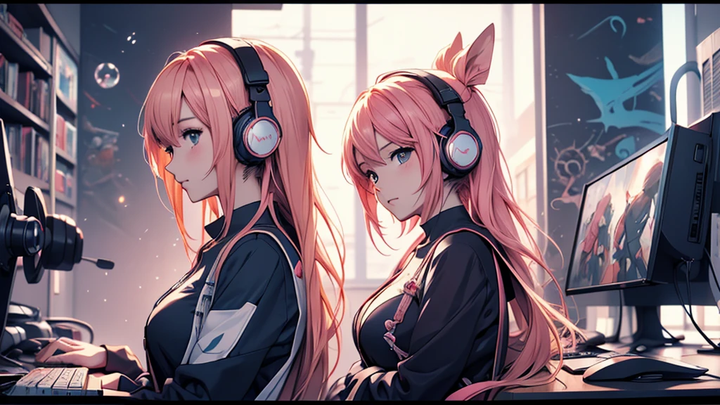 Woman wearing headphones, Anime Style 4 k, anime wallpaper 4k, anime wallpaper 4k, 4k anime wallpaper, anime art wallpaper 4k, anime art wallpaper 4k, Anime Style. 8K, Anime atmosphere, , Ultra HD Anime Wallpaper, Anime Art Wallpaper 8K, Anime Background,landscape、reading