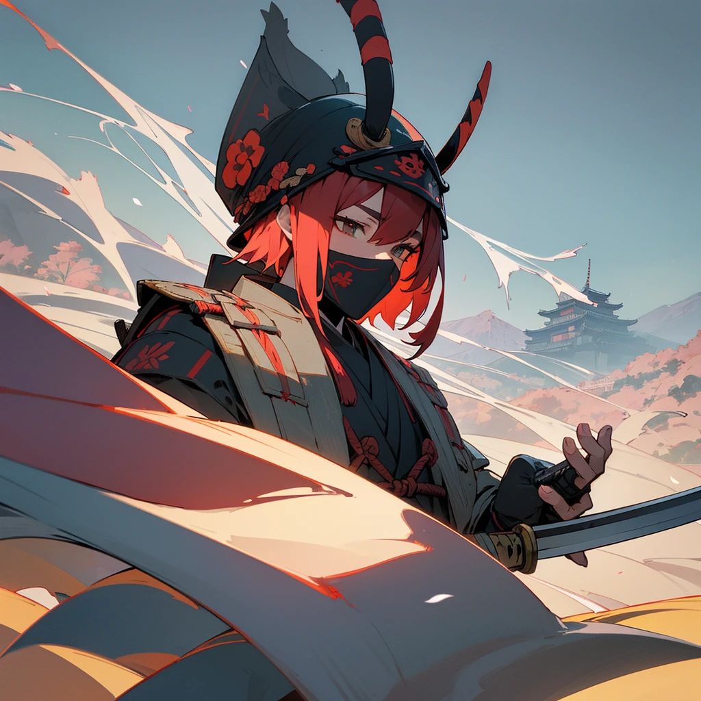 "A highly detailed samurai warrior, dressed in full traditional armor, including an imposing kabuto helmet that conceals their face in shadow. The samurai stands tall and resolute, one hand gripping the hilt of their razor-sharp katana, the other hand holding a set of mahjong tiles. The background depicts a misty, mountainous Japanese landscape, with pagodas and cherry blossom trees in the distance."