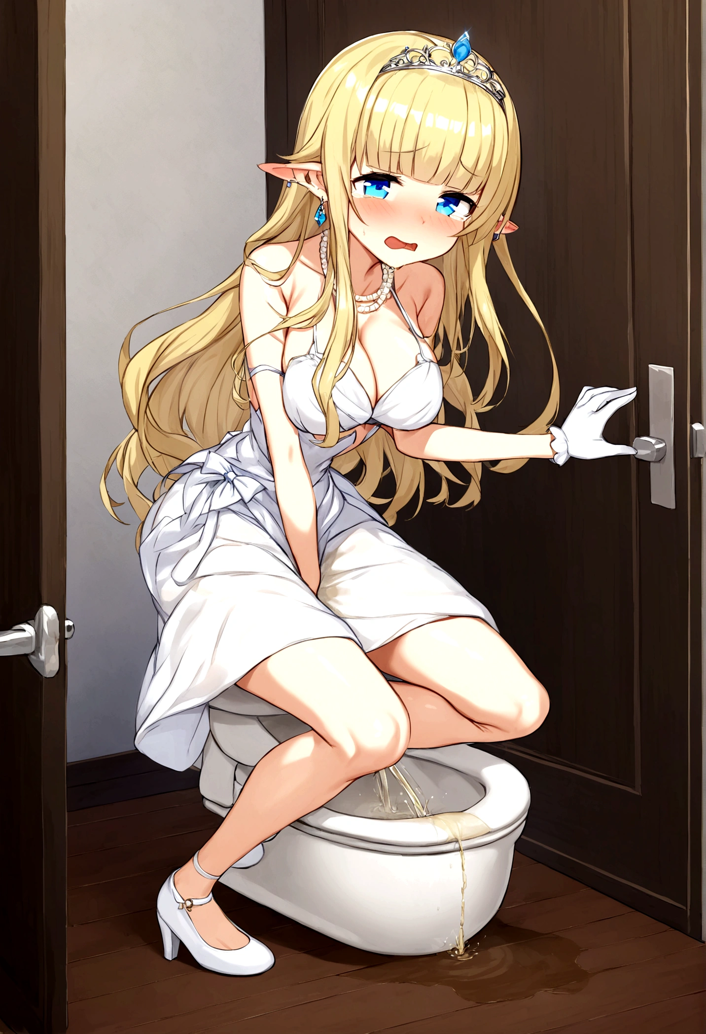 ((masturbation)), ((nsfw)), shower room, ((solo)), ((loli)), ((petite:1.5)), (long hair), glossy blonde hair, closed eyes, (ahoge), ((elf)), ((blush:1.5)), medium breasts, full body, sitting, nude, ((wet:1.5)), open mouth, knees to chest, ((pov)), open legs, teeth