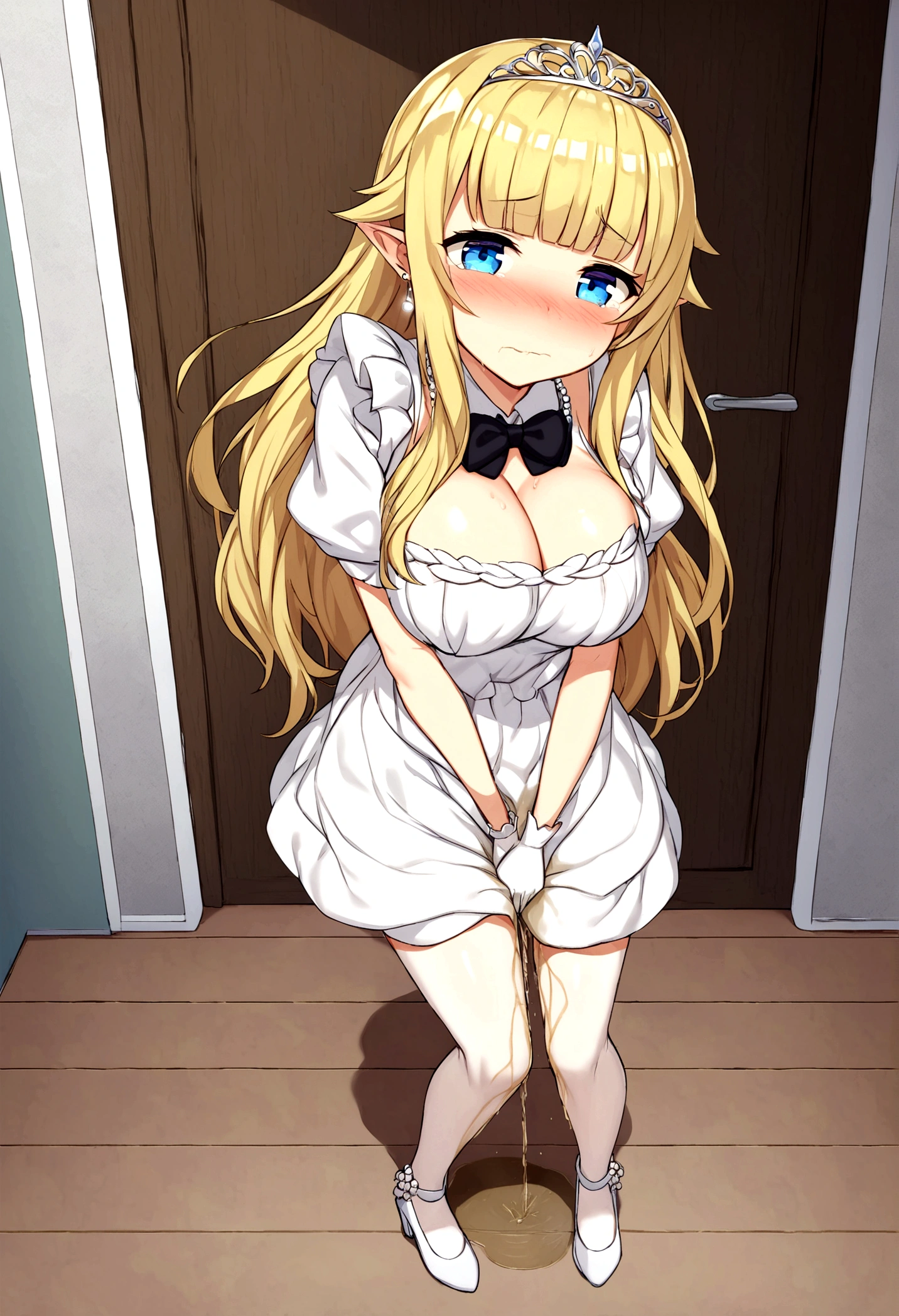 Anime. Princess. 1 girl. Cute girl. Blonde. Long hair. Hair ornament. Blue eyes. Beautiful eyes. Perfect eyes. Expressive eyes. Ideal face. Beautiful nose. Snotty nose. 16 years. Big breasts. Beautiful breasts. She is ill. She got sick. She has allergies. She has a runny nose. Nasal mucus. She has snot. She wants to sneeze. She needs to sneeze. She has a strong, desperate urge to sneeze. She sneezes. She sneezes. Splashes of snot fly to the sides. Snot flows from the nose. She has urinary incontinence. She wants to pee. She needs to go to the toilet.
She has a strong, desperate urge to pee. Fantasy. City. Lock. Standing by the door to the toilet. Didn't have time to go to the toilet. She peed herself. Ideal anatomical body. Hand on crotch. Squeezes the crotch tightly. Rubs the crotch. She's on her period. Her crotch is leaking. The knees are together, the feet are at odds. The girl can't stand straight. Tiara on the head. Neat earrings in the ears. Pearl necklace around the neck. White gloves. Heeled shoes. Luxurious, white dress. Clumsiness. Embarrassment. Shame. To touch. Tears in my eyes. Snot flows from the nose. Full height. Beautiful character design. shiny skin. whole body. NFS. official
art. Extremely detailed CG Unity 8k wallpaper. Ideal lighting. Ultra high resolution 4K. Super detailed 8K resolution. A high resolution.