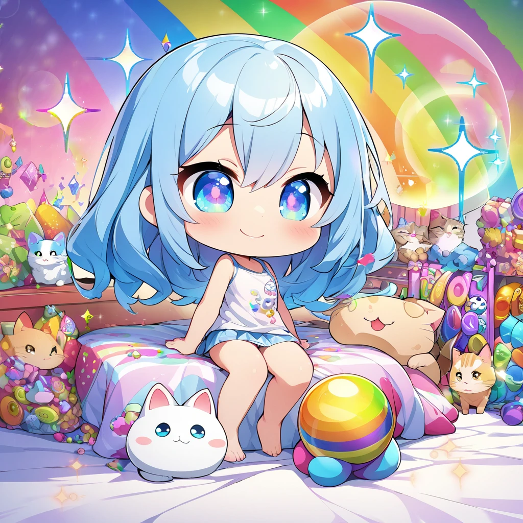 masterpiece, best quality, 4k、2D illustration、one beautiful girl、solo、(((chibi style)))、((vivid colors))、cute chibi、lovely chibi、long beautiful hair, glossy light blue hair, hair between eyes, cute、beautifully detailed eyes、((tank top))、((miniskirt))、((colorful))、((happy smile))、sitting on bed、((full body shot))、((kitten)), ((lots of colorful stuff around))、((bed))、sparkle、((lens flare))、