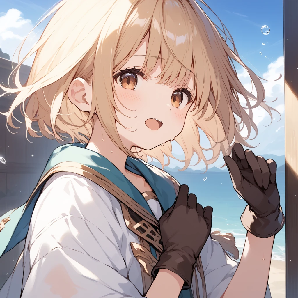 score_9, score_8_up, score_7_up, source_anime, best quality, masterpiece, official art, absurdres, highres, ultra-detailed,waifu2x,Collection: Slice of Life,break,djeeta \(granblue fantasy\),short hair, blonde hair, gloves, brown eyes, sweat, open mouth, sleepily, outdoors, wind,break,(clear line illustration:1.2), super detailed skin,very high resolution, very aesthetic, Best sexual lighting powered by famous artist, 8k,cute picture,beauty illustration,photoshop_(medium),,(Detailed Lighting),best anime 8k konachan wallpaper, pixiv contest winner,
