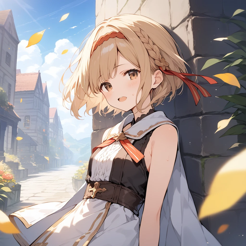 score_9, score_8_up, score_7_up, source_anime, best quality, masterpiece, official art, absurdres, highres, ultra-detailed,waifu2x,Collection: Slice of Life,break,djeeta \(granblue fantasy\),short hair, blonde hair, gloves, brown eyes, sweat, open mouth, sleepily,  outdoors, wind,break,(clear line illustration:1.2), super detailed skin,very high resolution, very aesthetic, Best ?????? lighting powered by famous artist, 8k,cute picture,beauty illustration,photoshop_(medium),,(Detailed Lighting),best anime 8k konachan wallpaper, pixiv contest winner, 