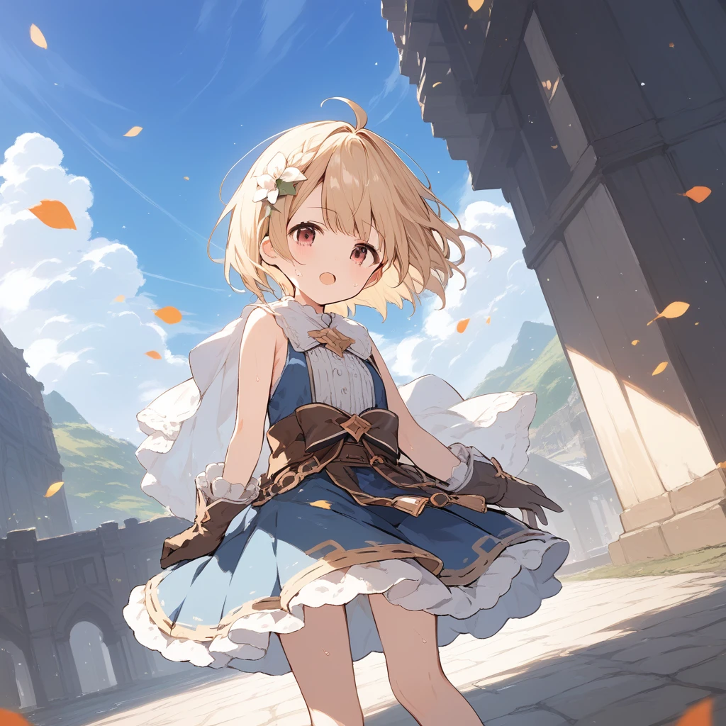 score_9, score_8_up, score_7_up, source_anime, best quality, masterpiece, official art, absurdres, highres, ultra-detailed,waifu2x,Collection: Slice of Life,break,djeeta \(granblue fantasy\),short hair, blonde hair, gloves, brown eyes, sweat, open mouth, sleepily, outdoors, wind,break,(clear line illustration:1.2), super detailed skin,very high resolution, very aesthetic, Best sexual lighting powered by famous artist, 8k,cute picture,beauty illustration,photoshop_(medium),,(Detailed Lighting),best anime 8k konachan wallpaper, pixiv contest winner,