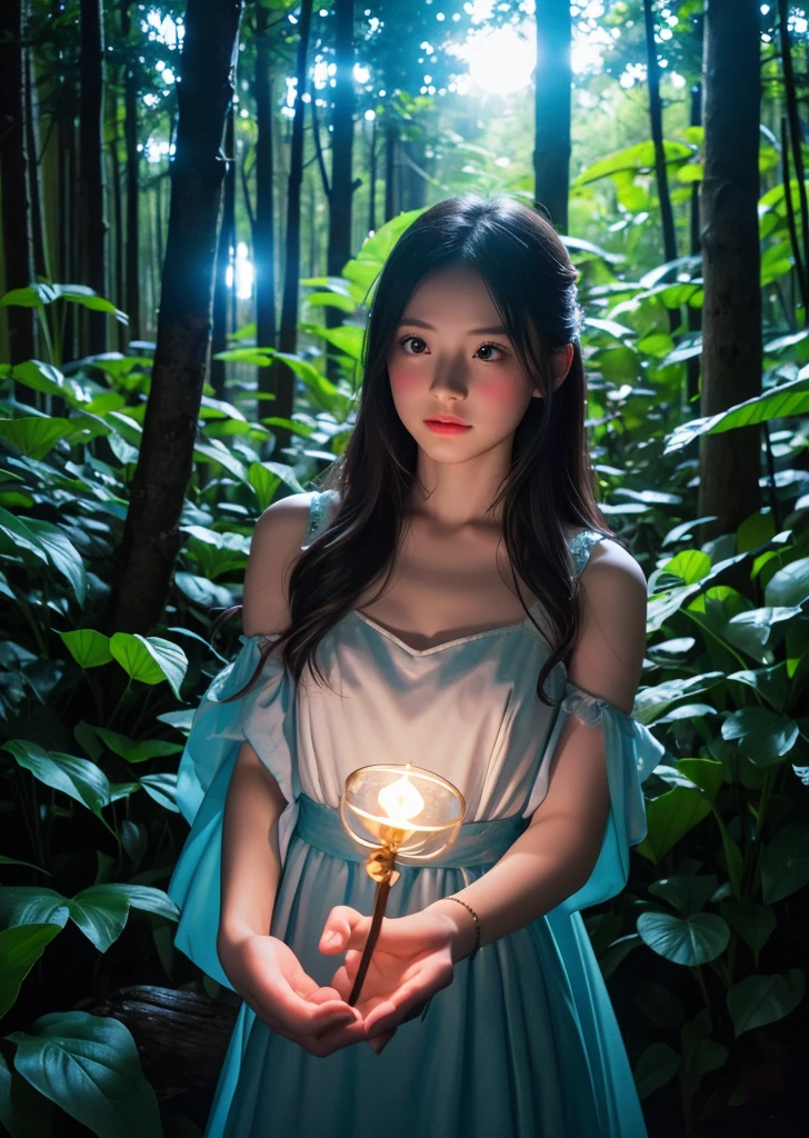 fairy tale、Cute Fairy、Beautiful woman、Hold the light in the glass with both hands、Looking at this、Deep in the forest、The glow of the noctiluca、Colorful design、Pop feel、Moonlit Night、moonlight、Perfect lighting、Sharp focus、High resolution、High resolution、High color rendering、High resolution、Ultra-realistic、Photo Real 