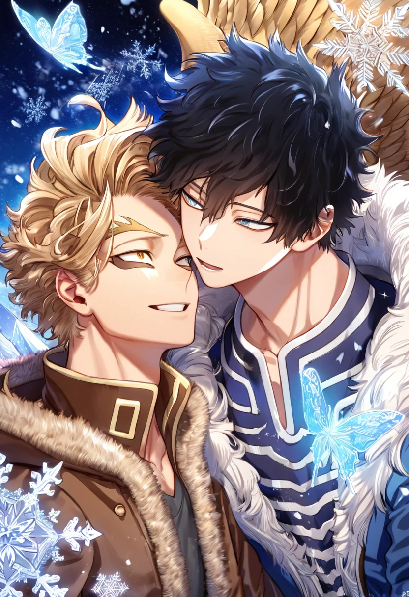 absurdres, highres, ultra detailed, HDR, master piece, best quality, extremely detailed face, delicated features, Hawks, ash blond hair, expressive brown golden eyes, Boku No Hero Academia, Gojou Satoru with black hair, expressive blue eyes, two sexy men, gay couple, yaoi, handsome, smile, blue jacket with fur, brown jacket with fur, fantasy, magical, ice, ice butterflies, snowflakes, starry night, envy magical