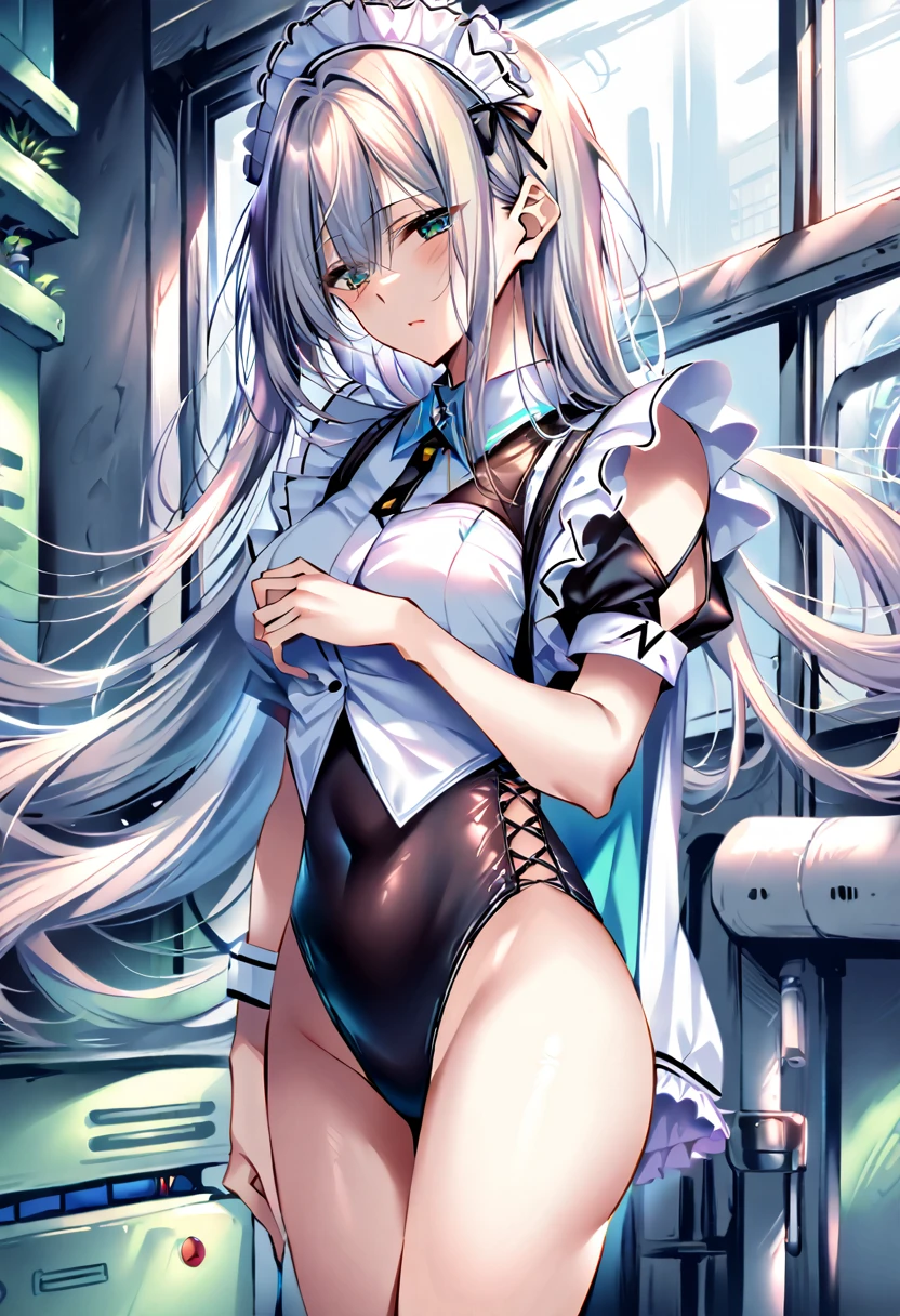 (Perfect Anatomy:1.2, Highest quality),(Maid leotard details:2.0),One Girl,alone,Long Hair:1.5, (Short sleeve, Thighs,Maid Cufflinks),,(High heel lace-up boots:1.4), (Without skirt:3.0),Dark aura,Leotrad,,love for viewers,Look down,(at a research facility:1.8)