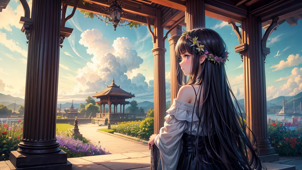 "oil, ((Mysterious Girl)), The sound of a harp echoing through the air, A pavilion surrounded by wildflowers, ((Dramatic cloud formation)), A rich palette, Fantasy World, Magical Aura",Girl from behind