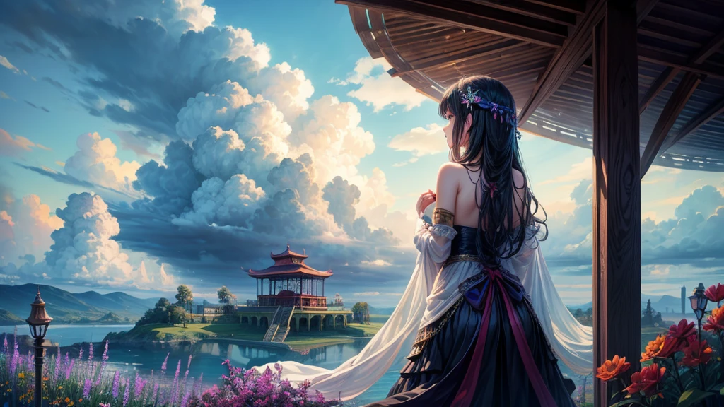 "oil, ((Mysterious Girl)), The sound of a harp echoing through the air, A pavilion surrounded by wildflowers, ((Dramatic cloud formation)), A rich palette, Fantasy World, Magical Aura",Girl from behind